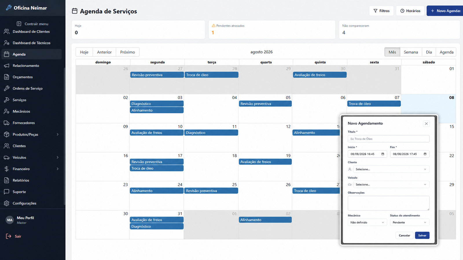 Agenda de Serviços do Autec com calendário mensal e formulário de novo agendamento.